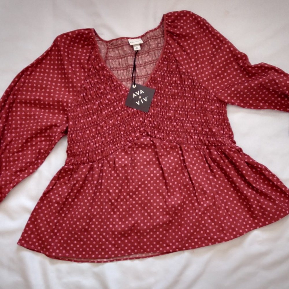 Rust Balloon Sleeve V-Neckline Top X & 2X - Ava & Viv